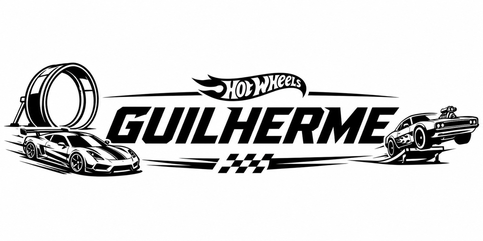 Exemplo de arte em preto e branco com o nome Guilherme, carros e uma pista de corrida.